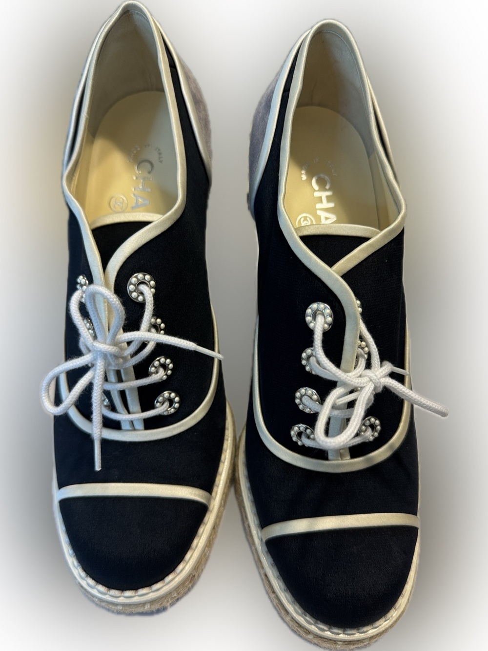 CHANEL Navy and Cream Espadrille Wedge Lace-Up Shoes with Pearl Eyelets
